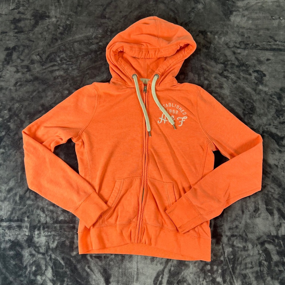 Abercrombie & Fitch Zip Up Hoodie Womens Medium Orange Embroidered‎ Logo Fleece